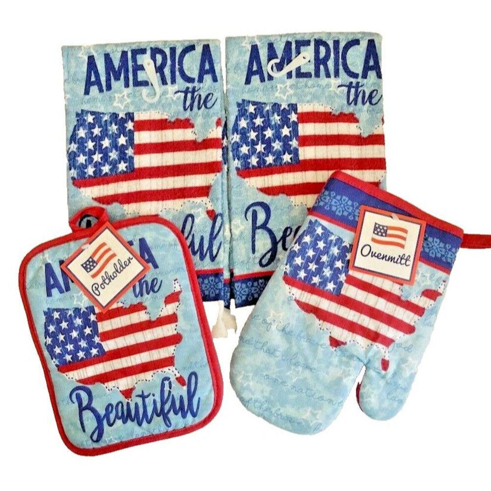 America The Beautiful Dish Towels Oven Mitt Potholder Set of 4 Beach Summer